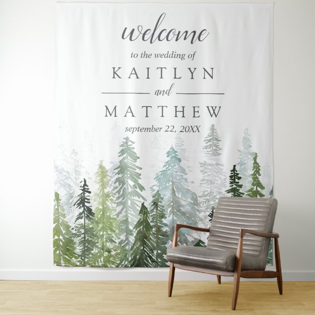 The Watercolor Pine Tree Forest Wedding Collection Tapestry (In Situ)