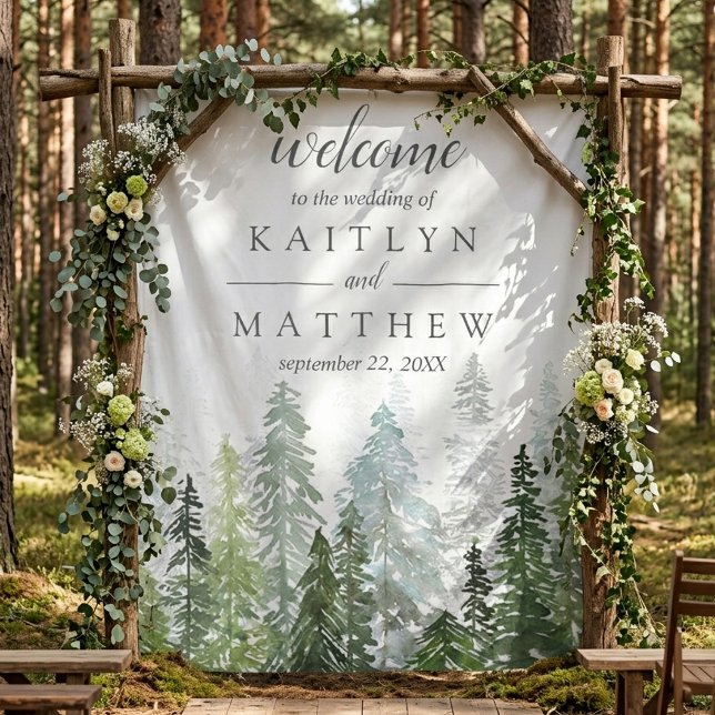 The Watercolor Pine Tree Forest Wedding Collection Tapestry (Creator Uploaded)