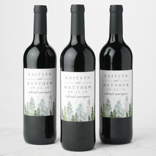 The Watercolor Pine Tree Forest Wedding Collection Wine Label (Bottles)