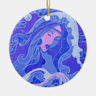 The Wave, Mermaid, Asian Girl, blue & pink Ceramic Ornament