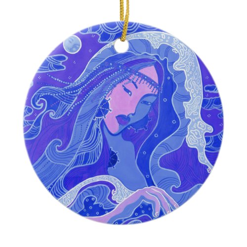 The Wave, Mermaid, Asian Girl, blue &amp; pink Ceramic Ornament