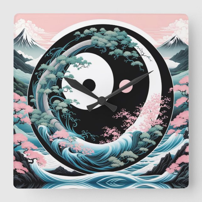 The Wave Pink Sage Teal Square Wall Clock (Front)