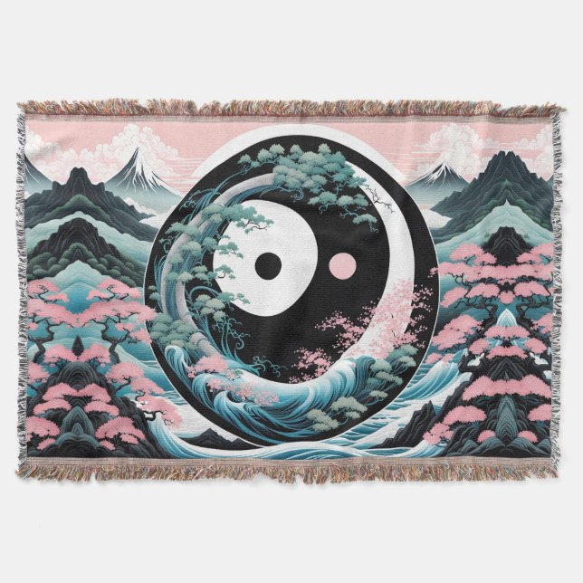 The Wave Pink Sage Teal Throw Blanket (Front)