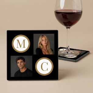 The Way We Are Custom Couple Photo Monogram Black Glass Coaster