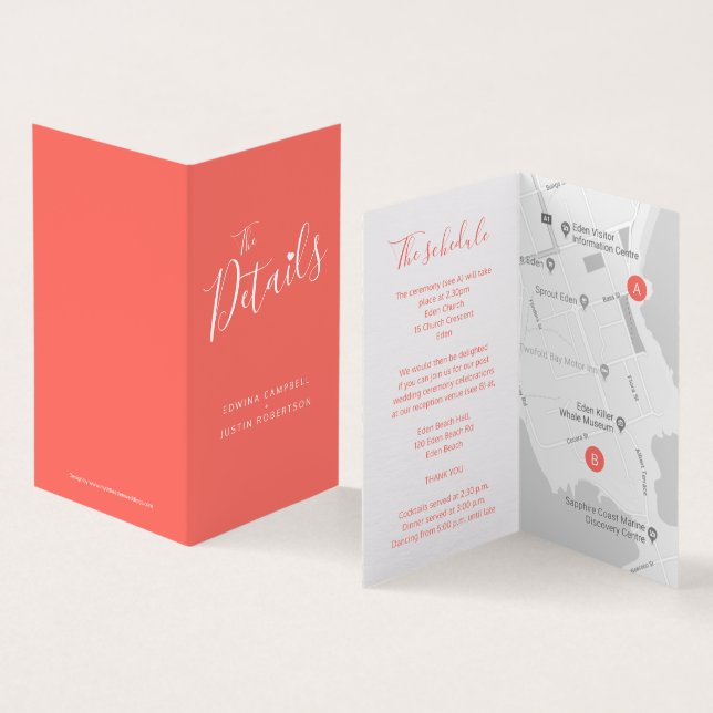 The wedding event details guest schedule map coral (Inside and Outside)