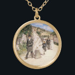 The Wedding March by Robinson, Vintage Newlyweds Gold Plated Necklace<br><div class="desc">The Wedding March (1892) by Theodore Robinson is a vintage impressionism fine art love and romance painting. The bride and groom, a happy newlywed couple, are walking through a quaint town with their wedding party after the ceremony. About the artist: Theodore Robinson (1852-1896) was one of the first American artists...</div>