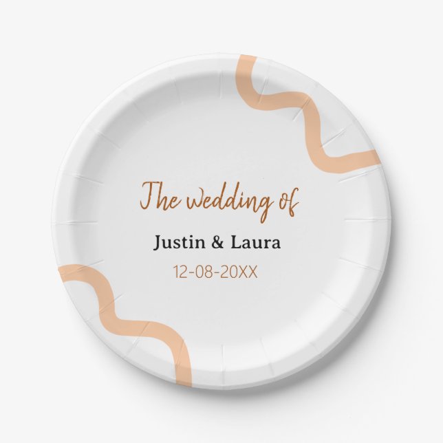 The wedding of add bride groom name date peach paper plates (Front)