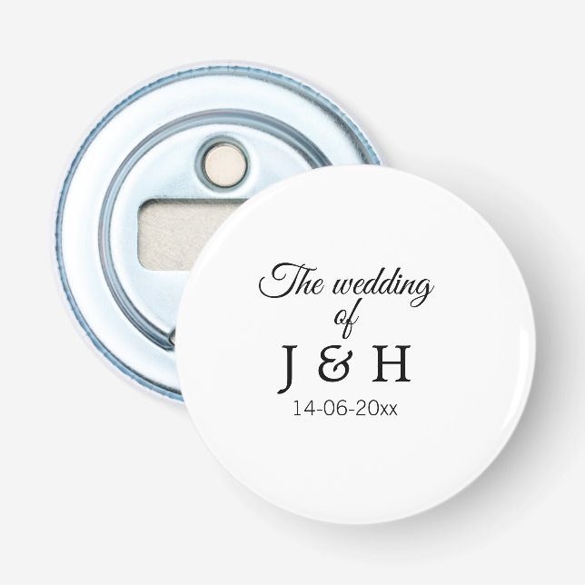 The wedding of add couple name initial letter date bottle opener (Front)