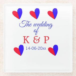 The wedding of add couple name initial letter date glass coaster