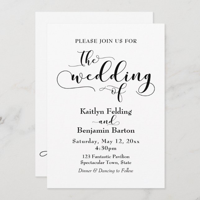 "The Wedding Of" Black Typography, Simple, Elegant Invitation (Front/Back)