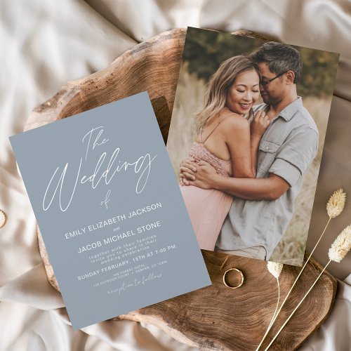 The Wedding of Dusty Blue Photo Modern Typography Invitation