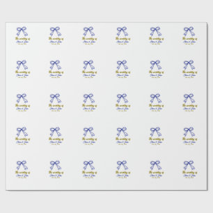 The wedding of gold navy blue bow couple name  wrapping paper
