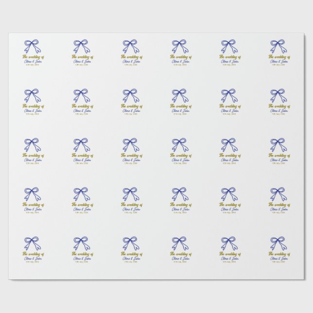 The wedding of gold navy blue bow couple name  wrapping paper (Flat)