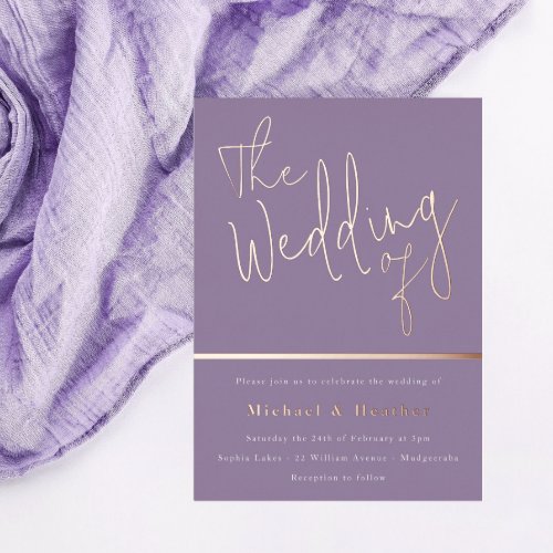 The Wedding of Purple Lavender Rose Gold Foil Invitation