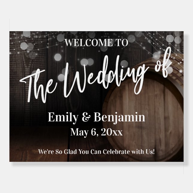 The Wedding of Rustic Wood Barrel and Lights Foam Board (Front)
