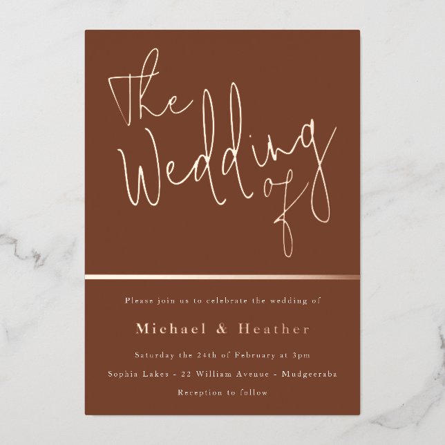 The Wedding of: Terracotta Rust Boho Rose Gold Foil Invitation (Front)