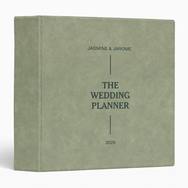 The Wedding Planner Green Leather Custom Name 3 Ring Binder (Front/Spine)