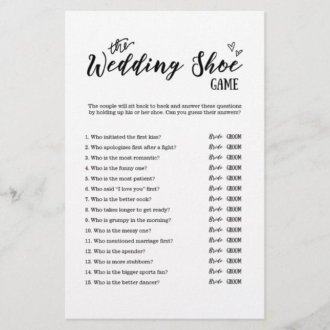 The Wedding Shoe Game for Wedding or Bridal Shower (Front)