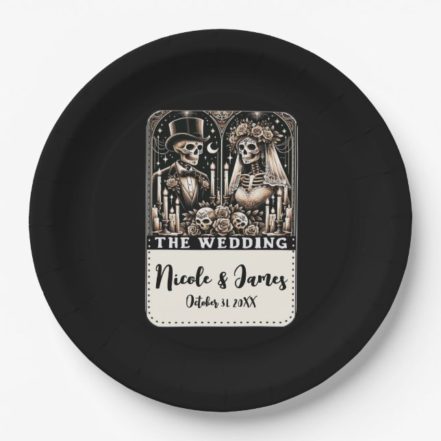 THE WEDDING Tarot Skeletons Bride & Groom Paper Plates (Front)