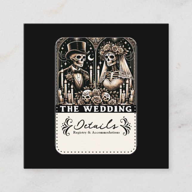 THE WEDDING Tarot Skeletons Bride & Groom Square Business Card (Front)