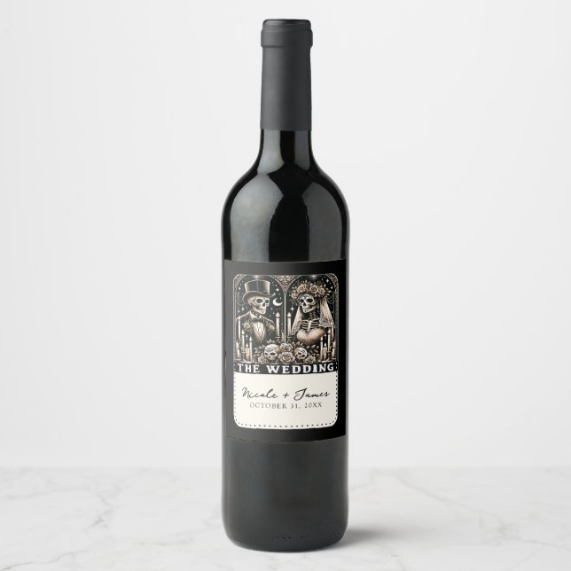 THE WEDDING Tarot Skeletons Bride & Groom  Wine Label (Front)