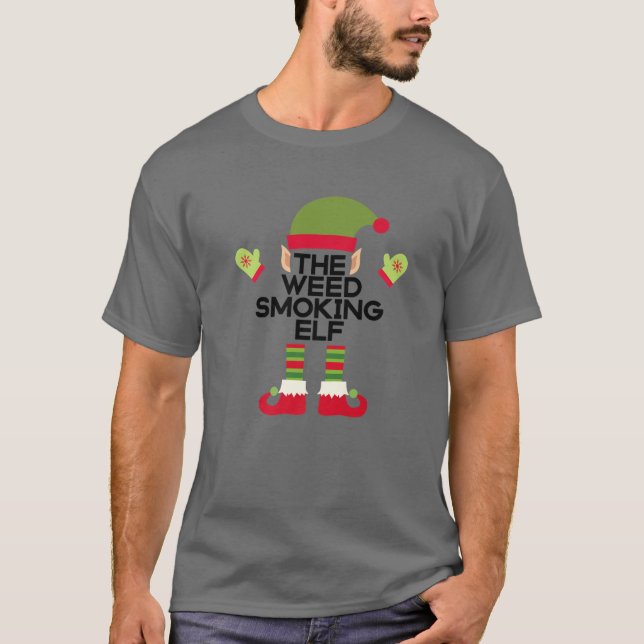 The Weed Smoking Elf Funny Edibles Christmas Party T-Shirt (Front)