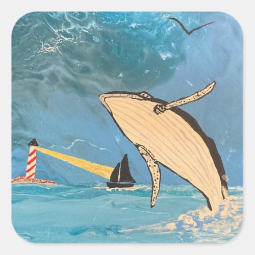 THE WHALE AND THE LIGHTHOUSE SQUARE STICKER