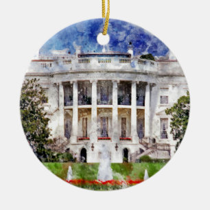 The White House in Washington DC in Watercolor Ceramic Ornament