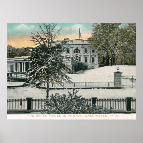 The White House in Winter Washington DC Vintage Poster