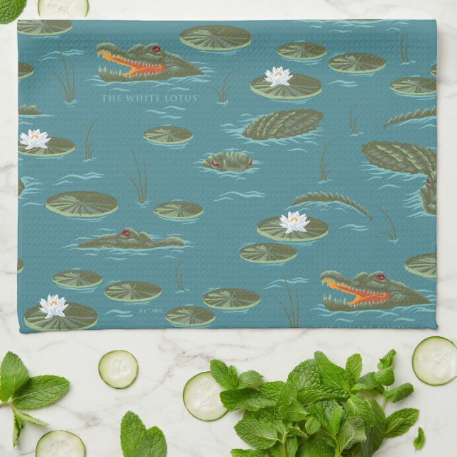 The White Lotus Alligator Waters Pattern Kitchen Towel (Folded)