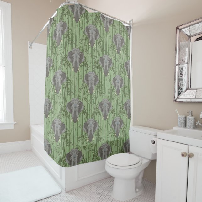 The White Lotus Majestic Elephants Pattern Shower Curtain (In Situ)