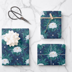 The White Lotus Midnight Lotus Pattern Wrapping Paper Sheets