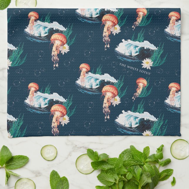 The White Lotus Ocean Jellyfish Pattern Kitchen Towel (Folded)