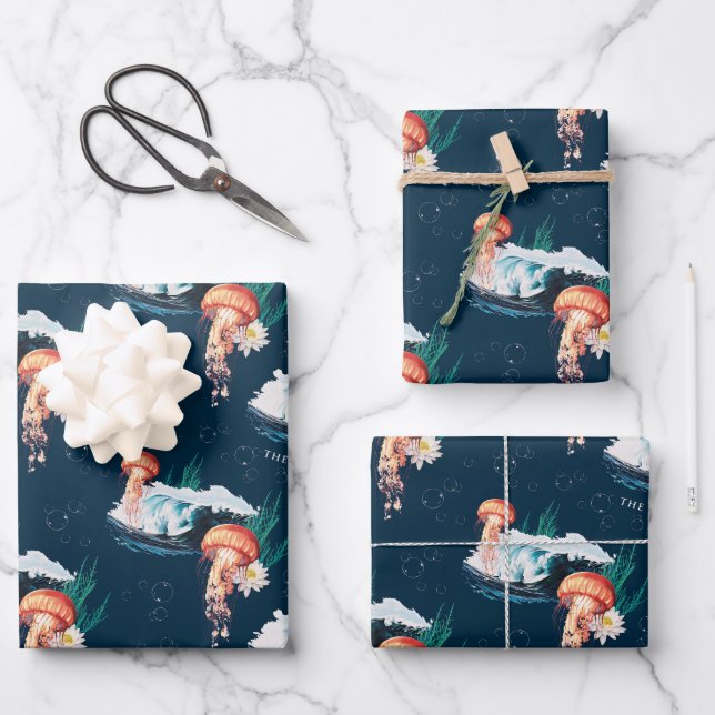 The White Lotus Ocean Jellyfish Pattern Wrapping Paper Sheets (Front)