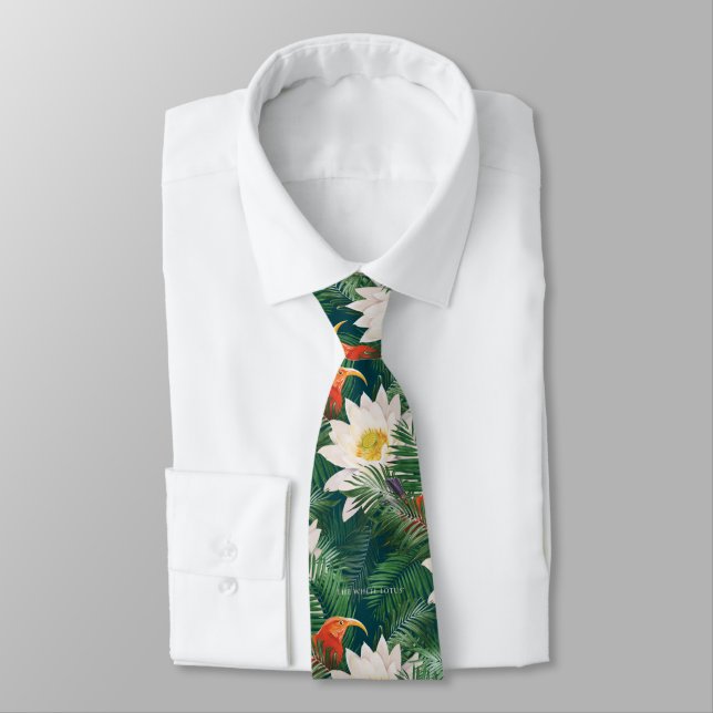 The White Lotus Tropical Birds & Lotus Pattern Neck Tie (Tied)