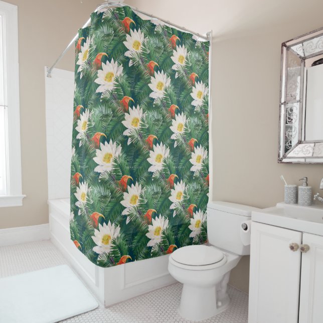 The White Lotus Tropical Birds & Lotus Pattern Shower Curtain (In Situ)