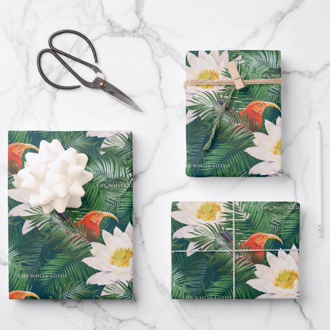 The White Lotus Tropical Birds & Lotus Pattern Wrapping Paper Sheets (Front)