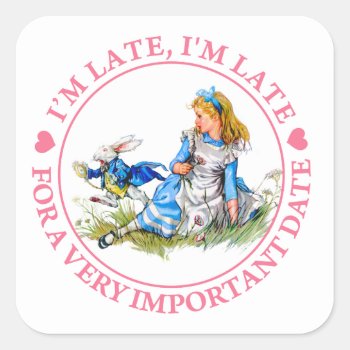 The White Rabbit Rushes By Alice In Wonderland Square Sticker by All_Around_Alice at Zazzle
