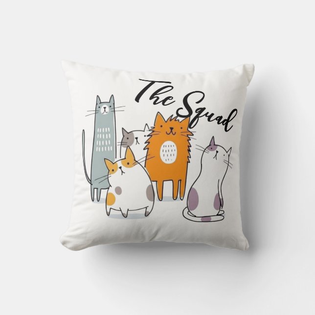 The Whole Crew Funny Cat Squad  Throw Pillow (Front)