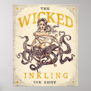 "The Wicked Inkling Tattoo Shop" Nautical Octopus Poster
