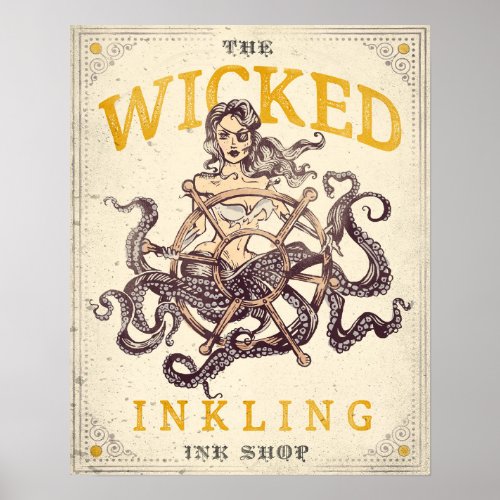 The Wicked Inkling Tattoo Shop Nautical Octopus Poster