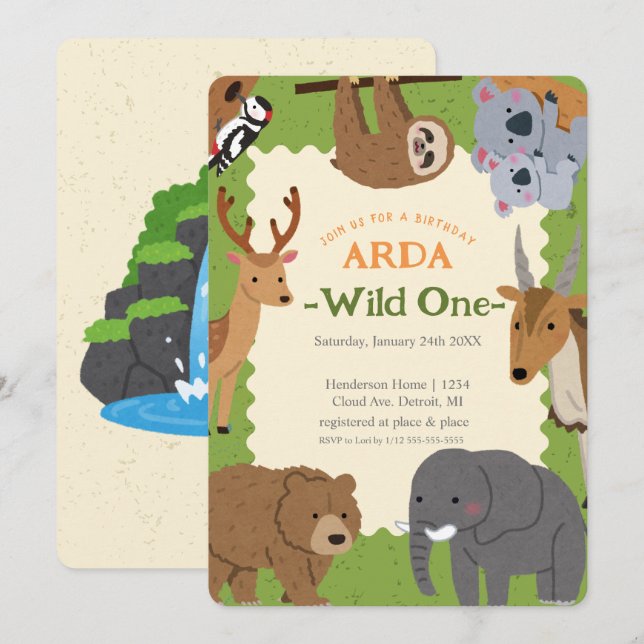 The Wild One: Animal Birthday Party Invitation (Front/Back)