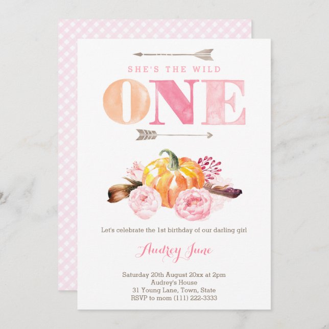 the wild one invites, 1st birthday, boho feathers invitation (Front/Back)
