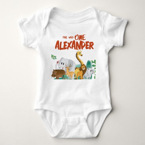 The Wild One Jungle Animals Personalized 1st Bday Baby Bodysuit