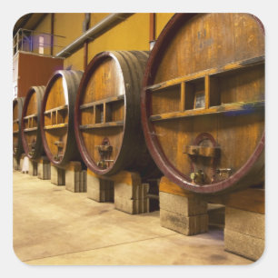 The wine cellar winery with big old wooden casks square sticker