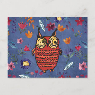 The wise bird owl in flower garden postcard