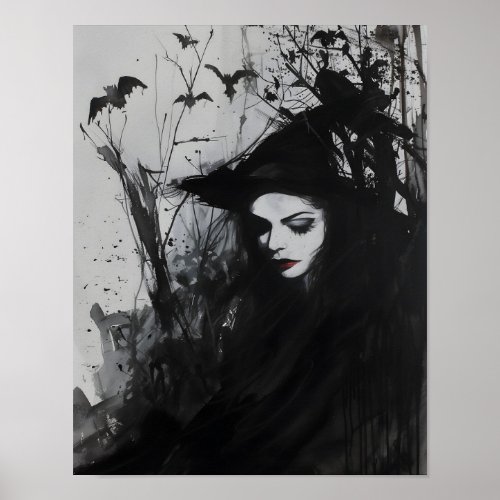 The Wistful Witch Black and White Abstract Art Poster