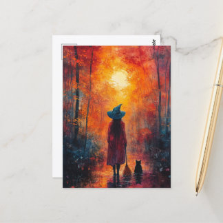 The Witch and Her Cat in Autumn Forest Postcard