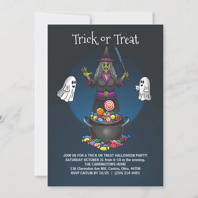 The Witch and the Ghosts' Trick or Treat Invitation (Front)