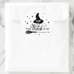The Witch Is In Halloween Witch Hat & Broomstick Classic Round Sticker